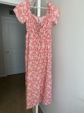 Coral Pink Floral Tie-Front Maxi Dress
